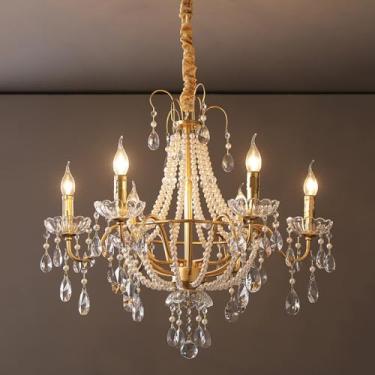 Imagem de Lustre de cristal antigo francês de 6 luzes, luminária pendente de pérola dourada, grande lustre de vela para hall de entrada, escada, ilha de cozinha, sala de estar, quarto, mesa de jantar