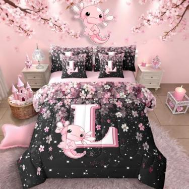 Imagem de Erosebridal Jogo de cama casal de 7 peças com letra G fofo | Jogo de edredom fofo com axolote para crianças, meninas, adolescentes, rosa e branco, conjunto de colcha kawaii, axolote kawaii