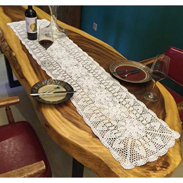 Imagem de Cachecóis Janef bege branco feito à mão de crochê de algodão para mesa de corredor, renda, doilies, retangular, 40,64 x 60,96 cm, Branco, 16 by 63 Inch, 1