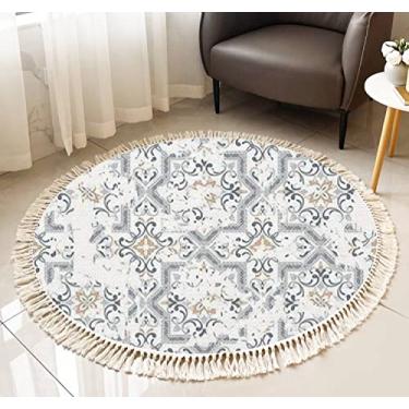 Imagem de Tapete redondo com franja sem costura, vintage, um efeito, atrito, patchwork, desenhado, sem costura, boho, borla, linho, tecido, à mão, pátio, corredor, corredor, tapete para decoração de casa, sala