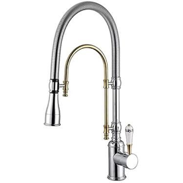 Imagem de Torneira misturadora de cozinha moderna bico duplo torneira misturadora rotativa de cobre torneira de pia de cozinha quente e fria bocal removível alça única modo duplo instalação de bancada de