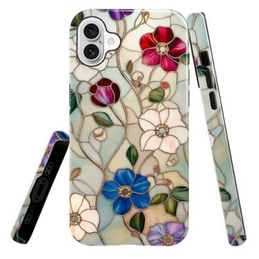 Imagem de heindiy Compatível com iPhone 16 Plus, capa brilhante, proteção total, à prova de choque, anti-arranhões, capa de TPU, capas para homem e mulher - vitral de flor encantadora vintage