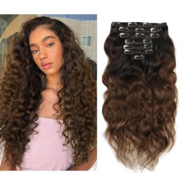 Imagem de Lacer Extensões de cabelo humano ondulado natural em dois tons de cabelo humano encaracolado com clipe, 40 cm, 120 g, 7 peças, trama dupla, preto, natural, desbotando no chocolate, marrom, em toda a cabeça ondulada, grosso, cabelo Remy real T#1B/4