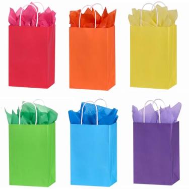 Imagem de SUNCOLOR Pacote com 24 sacos de presente arco-íris com alças – Sacos de presente de 20 cm com 24 papéis de seda arco-íris para lembrancinhas de festa, aniversários, salas de aula, festas infantis e