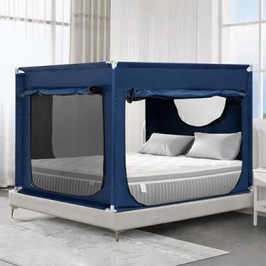 Imagem de ANC POP Barraca para cama de casal com dossel de privacidade para crianças e adultos dormindo em ambientes internos com 4 portas respirável, azul marinho