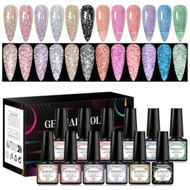 Imagem de Four Lily Conjunto de esmalte de gel refletivo com glitter, 12 cores, holográfico, glitter, diamante, prata, dourado, rosa, azul, UV LED, kit de manicure para mulheres e meninas