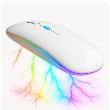 Imagem de Mouse Sem Fio RGB Recarregável – Silencioso, Ergonômico, Dual Mode Bluetooth 5.0 + USB 2.4GHz e DPI Ajustável – Branco