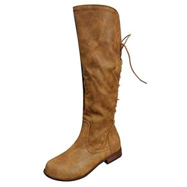 Imagem de Bigfanshu Botas de equitação até o joelho femininas cano longo bota de inverno elegante retrô sapatos de salto baixo com tiras nas costas Roma Ocidental casual atlético sapatos para ocasiões botas de cano curto botas ocidentais, Marrom, 39 BR