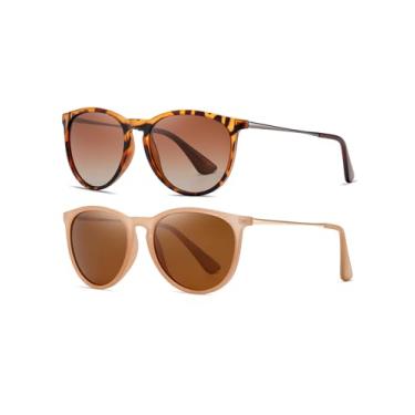 Imagem de (Pacote com 2) Óculos de sol polarizados para mulheres e homens, moderno, vintage, redondo, estilo clássico de designer retrô, Carapaça de tartaruga/marrom + marrom/dourado