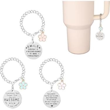 Imagem de 3 peças de pingentes de flores, berloques de alça fofa para copo de copo com flores rosa, branco e azul, etiquetas inspiradoras para Stanley