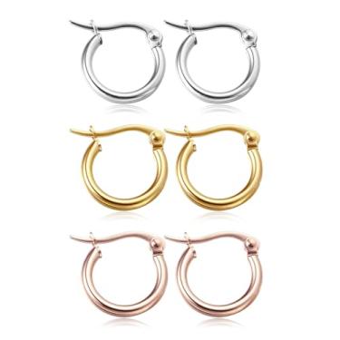 Imagem de Conjunto de 3 pares de brincos de argola pequenos para mulheres, brincos de argola de aço inoxidável, brincos de ouro rosa e prata click-top, 12 mm, 12mm, Aço inoxidável, Sem pedra preciosa