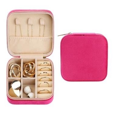 Imagem de Caixa de joias de viagem para mulheres, meninas, adolescentes, presentes de aniversário, pequena bolsa organizadora de joias de veludo portátil para armazenamento 10 x 10 x 5 cm, vermelho rosa