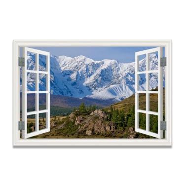 Imagem de LKXGRRSFG Snow-Capped Mountains AheadImpressão artística em tela de ilusão de janela falsa, arte de parede com vista panorâmica real para sala de estar 30 x 45 cm sem moldura