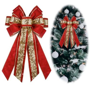 Imagem de Blinket Grande laço de guirlanda de Natal, laço vermelho luxuoso de veludo ondulado dourado para guirlanda, decoração de topo de árvore de Natal para decoração de festa de Natal, decoração de casa