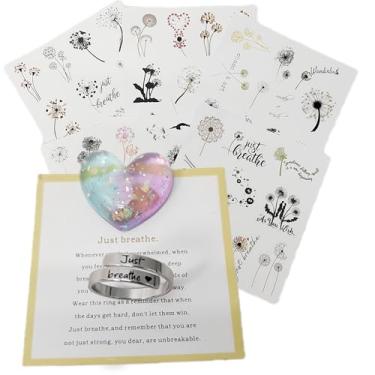 Imagem de Acecare Anel Just Breathe para mulheres, anel ajustável de aço inoxidável com citação inspiradora, design de coração, presente para alívio da ansiedade e incentivo – Pacote de adesivos de dente de