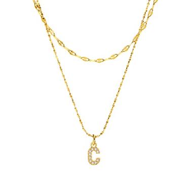 Imagem de Rockyu Colar feminino de camada dupla de aço inoxidável dourado com pingente de letra com zircônia cúbica AAA IP banhado a ouro 40-50 cm corrente ajustável
