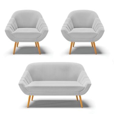 Imagem de Kit 01 Namoradeira 02 Lugares E 02 Poltronas Giovana Linho Pés Palito Castanho - Indo Decorar Cor A05 Cinza