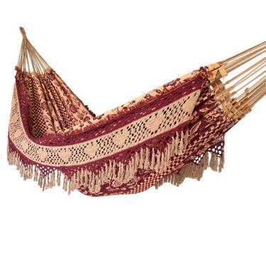 Imagem de Rede de Dormir Casal Indiana Artesanal 100% Algodão Luxo 4,20m – Rede de Descanso Reforçada para Varanda e Jardim(VINHO CARAMELO)