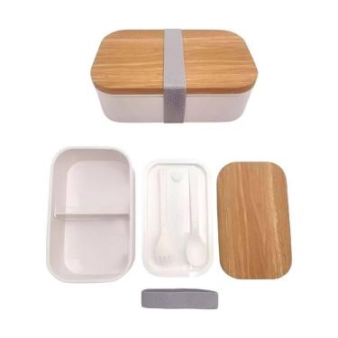 Imagem de Kit Marmita Lancheira Tampa Hermética Garfo E Colher 900ml Miniso Branca