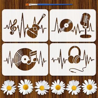 Imagem de FINGERINSPIRE 4 peças de estênceis musicais 29 x 20 cm, estênceis de batimento cardíaco, guitarra, fones de ouvido, modelos de desenho com um pincel para pintura de tecido, decoração de madeira, faça