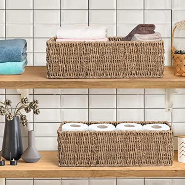 Imagem de JS HANGER Conjunto de 2 cestas de armazenamento de papel higiênico, organizador de suporte sobre o tanque, caixa de vime de alga marinha tecida de 35 cm para organização de banheiro