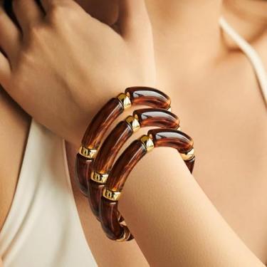 Imagem de Elegante conjunto de pulseiras de acrílico marrom para mulheres, pulseira de resina grossa com detalhes dourados, joia vintage estilo tartaruga