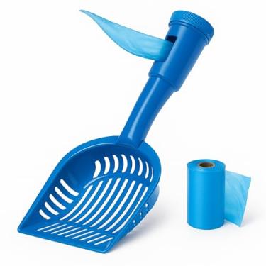 Imagem de ARMATY Colher de cocô 2 em 1 com acessório de bolsa, pá de areia para gatos com bolsa, dispensador embutido, inclui rolo de lixo, limpeza de enxágue, antiaderente, peneira inteligente, cabo longo