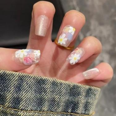 Imagem de Pregos postiços quadrados médios longos com cola falsa olho de gato com design requintado de flor, cobertura completa, bastão falso artificial em unha de acrílico para mulheres, casamento, 24 peças