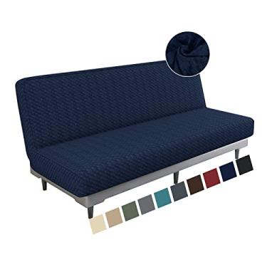 Imagem de MAXIJIN Capa de futon jacquard elástica sem braços futon capa macia para futon com fundo elástico espesso para sofá-cama, lavável na máquina (azul marinho)