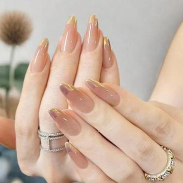 Imagem de Unhas postiças curtas médias amêndoas francesas douradas com cola falsa cobertura completa bastão falso artificial em unhas de acrílico para mulheres, casamento, 24 peças