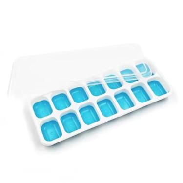 Imagem de Forma de Gelo com Tampa — 14 Cubos — Fundo Silicone Flexível — BPA Free — Fácil Desenformar — Cozinha Prática (Azul)
