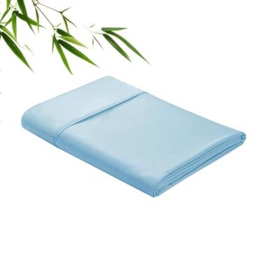 Imagem de Apenas lençóis planos de viscose de bambu, tecido de cetim de 400 fios, tamanho TwinXL, resfriamento macio de luxo para pessoas com sono quente, respirável e sedoso (azul claro, solteiro)