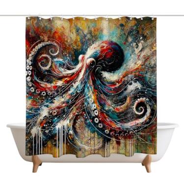 Imagem de XMWYTJ Cortinas de chuveiro abstratas de polvo, decoração de porta de celeiro, tecido de poliéster, à prova d'água, conjunto de cortinas de banheiro com 12 ganchos, 180 x 189 cm