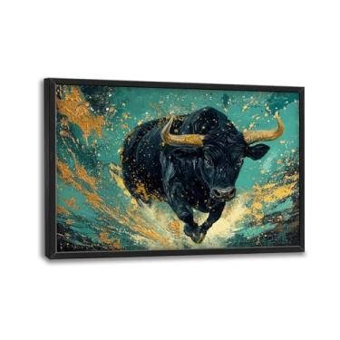 Imagem de Arte de parede de vaca preta grande para sala de estar, decoração de parede de touro grande emoldurada, pintura abstrata em tela azul-petróleo e dourada, arte moderna para sala de estar, quarto