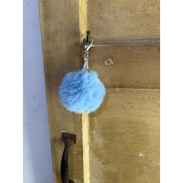 Imagem de Chaveiro de pompom artificial de pele de coelho com pingente fofo, Azul claro, 3.1in