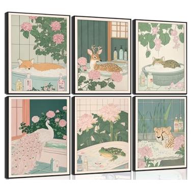 Imagem de 6 peças arte de parede de banheiro japonês animais engraçados na banheira decoração de parede decoração de parede sapo chita animal arte japonesa arte de banho impressão de pôster para banheiro