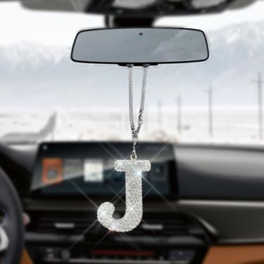 Imagem de HQRNYP Pingente de letra de carro brilhante, acessórios para pendurar espelho de carro, ornamento de espelho retrovisor, pingente de cristal fofo, enfeite feminino de strass de diamante da sorte para