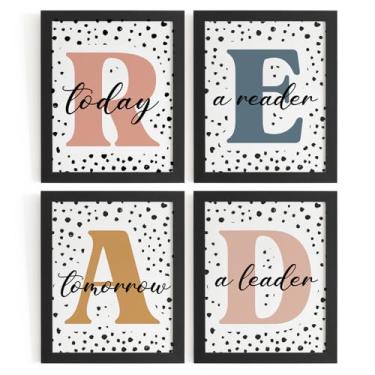 Imagem de WXHUM Conjunto de 4 impressões de arte de parede para sala de leitura infantil, decoração de sala de aula, boêmio, inspirador, pôsteres para sala de aula, crianças, leitura, canto, sala de aula