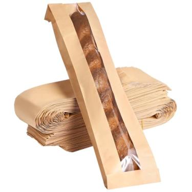 Imagem de Chewtoyo Sacos de 60 x 10 x 3 cm para 100 peças de baguete, sacos de pão kraft marrom com armazenamento de papel, sacos de janela de padaria, pão caseiro para sacos de pão, sacos franceses de pão de