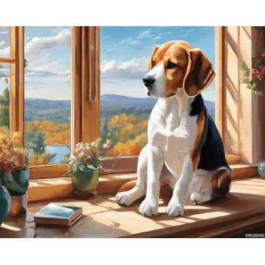 Imagem de VNUIEHG Kit de pintura a óleo para iniciantes pintura digital beagle no peitoril da janela pintura por números para adultos, artes iniciantes, artesanato para decoração, 40 x 50 cm, sem moldura