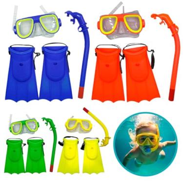 Imagem de Kit Natação Infantil Máscara Óculos Mergulho Pé De Pato Silicone Snorkel Criança (Azul)