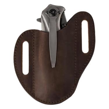 Imagem de Bainha de cinto de couro, suporte de ferramentas de couro bovino com passador de cinto, organizador de faca dobrável para equipamento tático