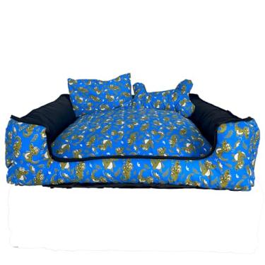 Imagem de Cama Pet Onix Quadrada, Tricoline 100% Algodão, Fundo Impermeável, com Zíper Lavável, Almofada Decorativa e Ossinho, para Cães e Gatos (Azul Royal Dino, X-Grande)