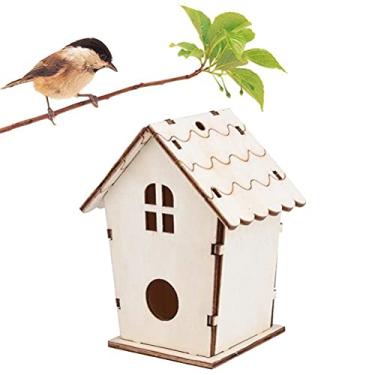 Imagem de Aramox Galpão de Pássaros Suspenso de Madeira, Gaiola de Pássaros Montada de Com Cordão para Observação de No Quintal, Tamanho 11,2x8,5x6,6cm (Não alinhar)