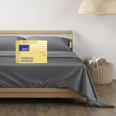 Imagem de THREAD SPREAD Jogo de lençóis 100% algodão egípcio California King Size - 4 peças 600 fios Cal King Conjunto de lençóis (cinza escuro), resfriamento macio, lençol de cama de cetim com bolso profundo