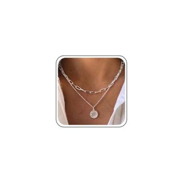 Imagem de Erimberate Colar gargantilha de opala em camadas boêmia, colar redondo com pingente de pedra da lua, corrente de prata com clipe de papel, colar punk, joias para mulheres e meninas presentes