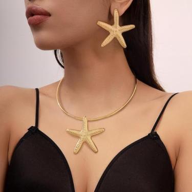 Imagem de Brincos de estrela do mar grossos, colar gargantilha para mulheres, berloque, dourado, grande, estrela do mar, pendente, praia, oceano, moda, boêmio, verão, costeira, avó, conjunto de joias modernas