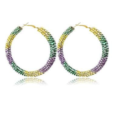Imagem de Dreuyet Brincos de argola de carnaval femininos leves com glitter, roxo, amarelo, verde, arcos de carnaval, acessórios de bijuteria, Middle, Liga de aço, Sem pedra preciosa