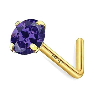 Imagem de CHARMONLINE Brincos de nariz preenchidos com ouro 14K, pedra do mês de nascimento em forma de L, anel de nariz de aço inoxidável 20G, 3 mm, zircônia cúbica, curva, L, piercing de nariz hipoalergênico