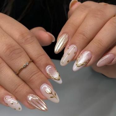 Imagem de Pregos postiços de amêndoa média francesa branca com linhas de flores douradas requintadas design potdot cobertura completa cola acrílica falsa em unha para mulheres, 24 peças